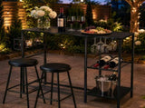 Black Outdoor Table with Double-Tier Side Shelf, Storage Basket & Wine Glass Rack, Iron Patio 84885275