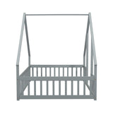 ZNTS Full Wood House-Shaped Floor Bed with Fence, Guardrails,Grey W504P143293