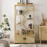 ZNTS Rattan bookshelf 7 tiers Bookcases Storage Rack with cabinet for Living Room Home Office, Natural, 81459635