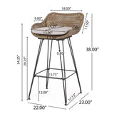 29.25" Outdoor Wicker and Iron Low Back Barstools, Brown, with Beige Cushion N772P528606L