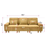 Yellow Deep Seat 3-Seater Corduroy Sofa with Brushed Stainless Steel Cup Holders and 3 Decorative 49734237