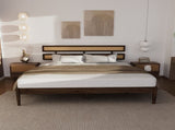 Dark walnut wood painted finish rattan and pine wood double headboard King size bed, Bohemian 01800575