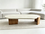 48.42 inch Oval Coffee Table, Modern Coffee Table with Faux Wood Curved MDF Legs, Faux Travertine W5230P567208