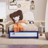 ZNTS Twin Size Upholstered Platform Bed with Bear Shaped Headboard, LED Light Strips, White + Brown WF323767AAK