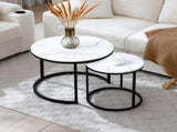 Set 2 Coffee Table Nesting White and gray top Black Frame Circular Round and Marble Pattern Wooden 68840643