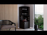 Corner bar cabinet 71" H, with two shelves at the top, 1 glass holder, 8 exterior bottle racks, 1 B097132993