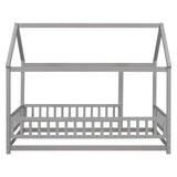 ZNTS Twin Size Floor Wooden Bed with House Roof Frame, Fence Guardrails,Grey 40028728