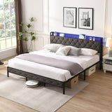 ZNTS King Bed Frame Storage Headboard, Charging Station and LED Lights, Upholstered Platform Bed 18121287