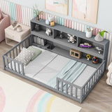 Twin Floor Bed with Bedside Bookcase,Shelves,Guardrails,Grey W504142770