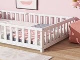 Twin Size Floor Bed with Fence without Door, Rubber Wood Floor Bed with Safety Guardrails,White W504P429335