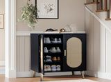 2-door vertical shoe cabinet particle board plastic rattan black frame original wood rattan 51206975
