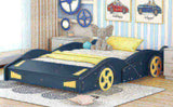 Full Size Race Car-Shaped Platform Bed with Wheels and Storage, Dark BlueYellow WF305760AAC