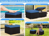 Wicker Patio Storage Ottomans with Cushions, Set of 2, Brown/Dark Blue 80545807