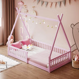 Twin Size Wood House Bed with Fence, Pink 82766186