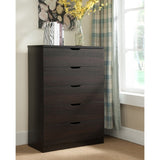 Five drawer clothes and storage chest cabinet in red cocoa chocolate faux wood grain and metal B107P173224