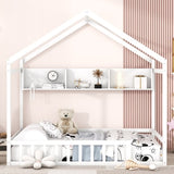 ZNTS Wooden Full Size House Bed with Storage Shelf,Kids Bed with Fence and Roof, White WF323149AAK