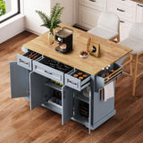 K&K 54inch Large Kitchen Island with Rubber Wood Drop Leaf, Embossed Texture Rolling Kitchen Cart on N707P195395G