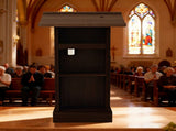 Wood Podium Stand, 44" Tall Wooden Lectern with Mic Stand Space, sliding shelf with cup holder and 17888935