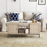 Elegant Veener Weaving Design Coffee Table with 4 Sliding Door, Wooden Center Rectangular Table with W2557P206923