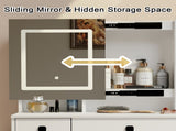 Farmhouse Vanity Desk with Sliding Mirror,Lights and Charging Station,Makeup Table Desk with W760P206127