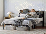 Queen Bed Frame with Charging Station and Storage Headboard, 18 Inch High Metal Platform Bed with PU W1820P532212