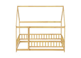 Full Size House Floor Wooden Bed with Roof Frame, Safety Guardrails,Natural W504P286409