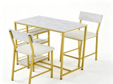 Bar Table and Stool Set 1 Table 2 Stools, White Marble Pattern MDF Tabletop & Gold Metal Frame, 19492848