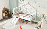 ZNTS Twin Low Loft House Bed with Slide, Ladder, Safety Guardrails, House Roof Frame,White W504P145316