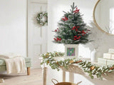 2 Pack 3FT Pre-Lit Snow Flocked Christmas Trees, Green PVC PE Pine Needle Foliage with 264 Tips, Red 09524057