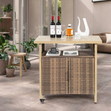 Outdoor Wicker Bar Cart, Patio Wine Serving Cart w/Wheels , Rolling Rattan Beverage Bar Counter W640P253282