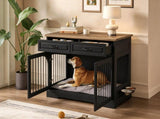 43.3" Farmhouse Dog Crate Furniture, Wooden Dog Kennel with 2 Storage Drawers and Rotating Food N704P414580D