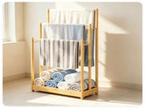 Solid Bamboo Freestanding Towel Rack with 3 Staggered Hanging Bars & Slatted Bottom Storage Shelf, 85528828