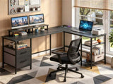 L-Shaped Corner Desk with Charging Station, Reversible Monitor Stand & Foldable Fabric Drawers, 80220481