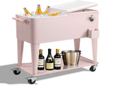 80QT Pink Patio Rolling Cooler Cart, Outdoor Insulated Ice Chest with Lockable 85524372