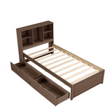 ZNTS Modern Twin Size Bed Frame With Built-in USB Port on Bookcase Headboard and 2 Drawers for Walnut W697P152020