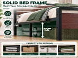 Full Size Metal Wood Platform Bed Frame, 3-Panel Reddish Brown Wood Grain Headboard with LED Light & 84757883