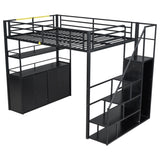 Full Size Metal Loft Bed with Storage Staircase and Wardrobe,Shelves and Lockers,Black 20859887