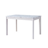 Faux marble white dining table top Four rounded leg posts Rounded table corners White Oak leg color B107P355284