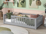 Twin Size Floor Bed with Fence without Door, Rubber Wood Floor Bed with Safety Guardrails,Grey W504P296793