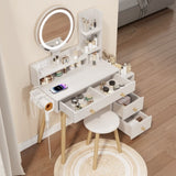 Round Mirror Bedside Cabinet Vanity Table Cushioned Stool, With 2 AC Power 2 USB socket, 17" W936P146695