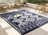 8' x 10' Waterproof Reversible Outdoor Rug Blue White Rhombus Border Plastic Straw Rug with Carry 38338232