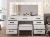 Vanity Desk Set with Large Lighted Mirror and Powre Outlet, Glass Top Makeup with 9 Drawers, 08262399