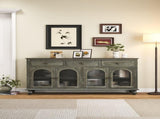 59.06" Farmhouse Sideboard Buffet Cabinet, Distressed Wood Credenza with 3 Drawers & 4 Glass Doors, W2295P475268