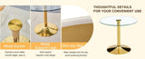 A 35-inch diameter glass top and a modern, minimalist round dining table with gold metal legs. Ideal W1151P263755