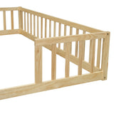Double Twin Floor Bed with Fence, Guardrails, without door, Natural W504P143287