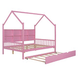 ZNTS Wooden Full Size House Bed with Trundle,Kids Bed with Shelf,Pink WF297070AAH