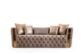 Button Tufted Sofa with Velvet Fabric and Gold Accent in Taupe B00961115