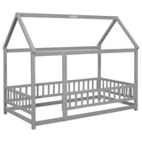 ZNTS Twin Size Floor Wooden Bed with House Roof Frame, Fence Guardrails,Grey 40028728