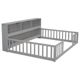 ZNTS Full Floor Bed with Side Bookcase,Shelves,Guardrails,Grey W504142774