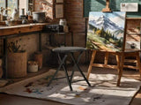 Folding Stool with Round Seat, Black Metal Frame, Portable Space-Saving Design 19590275